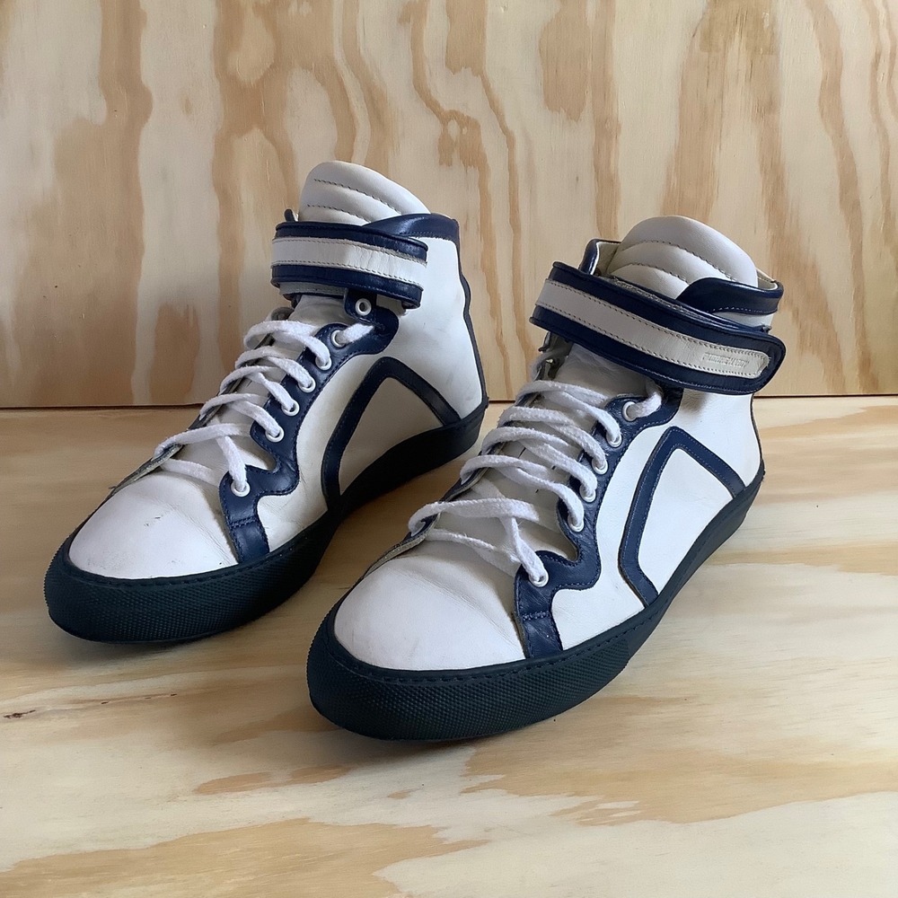 Pierre Hardy Mens High Top Sneakers White Navy Blue Leather Ankle Strap Size 44